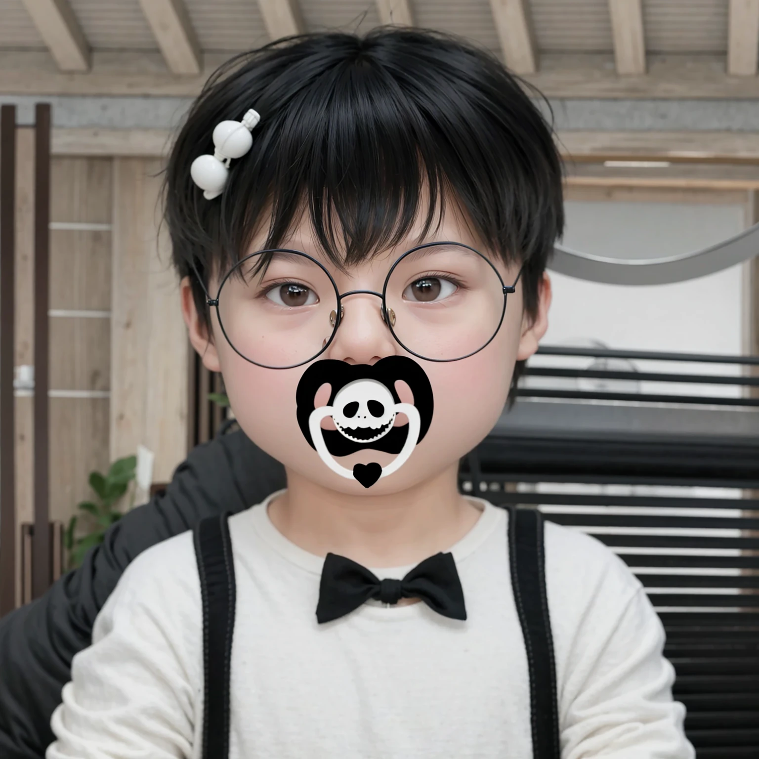 Asian toddler boy, good lighting, smooth hair, glossy skin, blur background, high quality, 8k resolution. pacifier, glasses