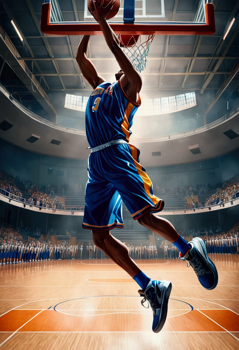(Game-Winning Dunk), The basketball player dunks vigorously, and the strength is amplified at this moment. All movements slow down, leaving only the athlete's trajectory. The background is inside the gymnasium, full body, award-winning, cinematic still, emotional, vignette, dynamic, vivid, (masterpiece, best quality, Professional, perfect composition, very aesthetic, absurdres, ultra-detailed, intricate details:1.3)