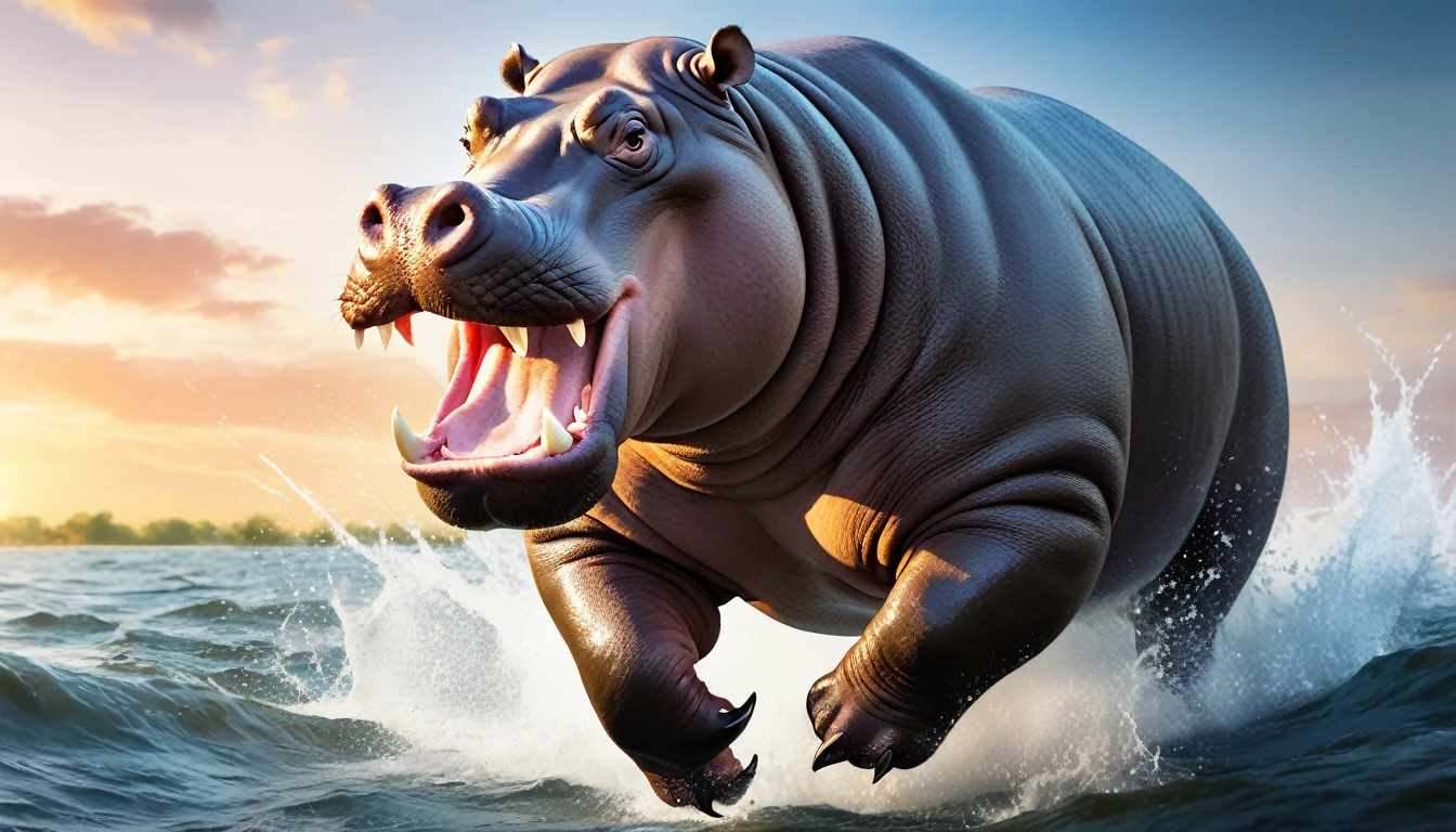 Realistic photos, RAW Photos, hippopotamus, attacks viewer, Powerful movements, jump on prey, ((Dynamic jump)), Sharp Claws, hippopotamus approaching from above, sudden approach, Bad-tempered, dynamic Shot from grand