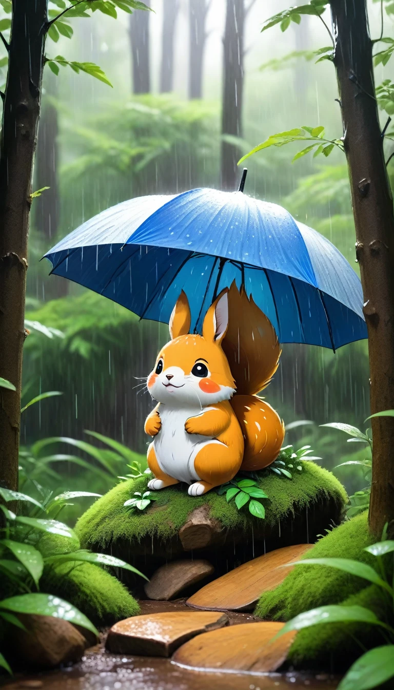 Rabbit taking shelter from the rain、in the forest
