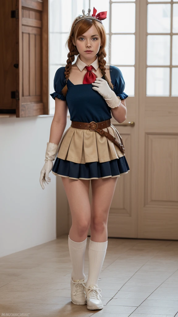 (masterpiece, best quality), 1girl, beautiful face, pecorine, blue eyes, hair ornament, long hair, orange hair, tiara, braid, hair braid,| arm belt, armor, ascot, blue socks, boots, dress, gloves, hair ornament, open clothes, open dress, pauldrons, pleated skirt, puffy short sleeves, puffy sleeves, red ascot, red skirt, short sleeves, shoulder armor, single pauldron, skirt, socks, white dress, white footwear, white gloves,