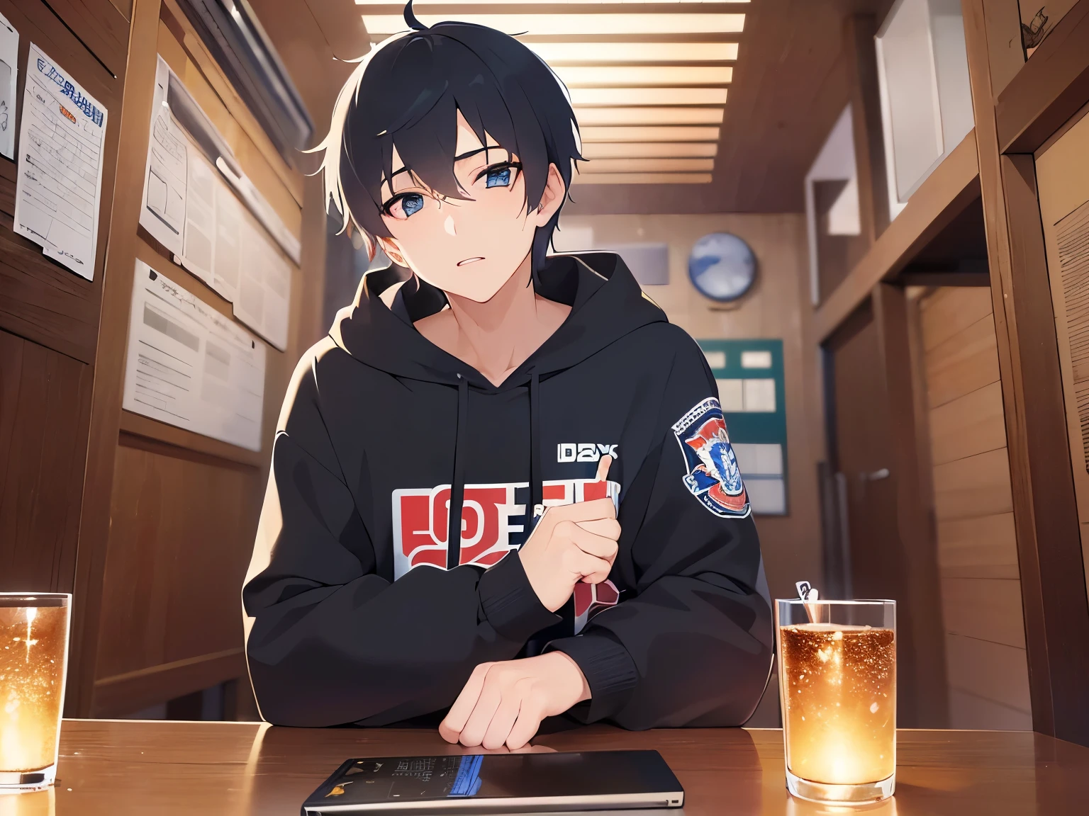 Surprised man、(25-year-old male:1.5) and (Black short hair) and (blue eyes)upper body,(looking at viewer:1.5), shiny skin, masterpiece、Highest quality、 black hoodie, eyes widen、The background is the interior of an izakaya at night.、Sitting