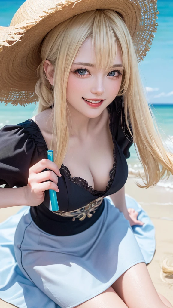 ((Highest quality, Best image quality, Ultra-high resolution)), (Photorealistic), (Realistic), (Ultra-high resolution),(A woman in a thin dress and a large straw hat is leaning forward at the seaside and looking at viewer), (blond hair:1.2), (long hair), (smile:1.3)