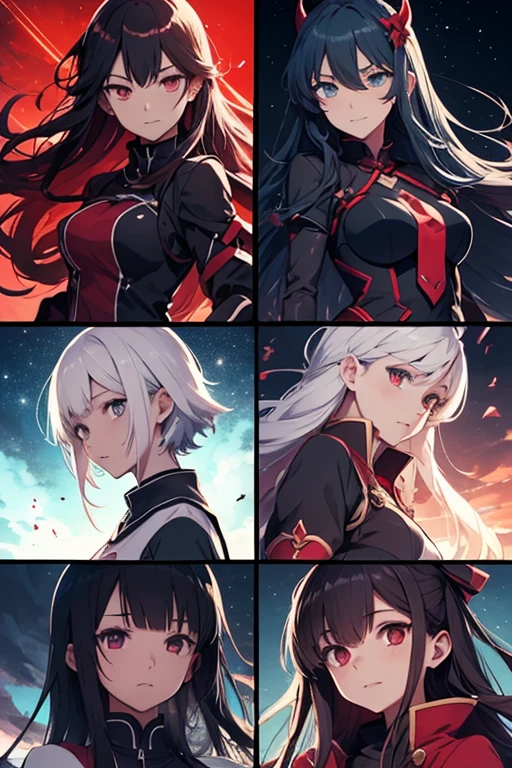 Split in the middle,Screen Split,Anime characters in a split image on a red and blue background, Gap Moe Yandere Grimdark, Anime Moe Art Style, From desire, The charming Ryuko Matoi, ryuko matoi, Devil Anime Girl, Favorite character, anime style like fate/Stay Night, Blue and Red, UFOTABLE art style, The battle between good and evil,Cure Sky,Dark Sky