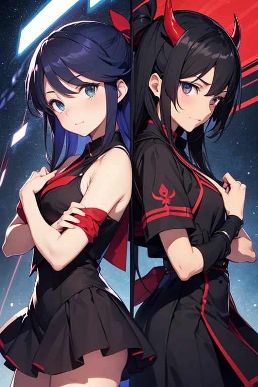 Split in the middle,Screen Split,Anime characters in a split image on a red and blue background, Gap Moe Yandere Grimdark, Anime Moe Art Style, From desire, The charming Ryuko Matoi, ryuko matoi, Devil Anime Girl, Favorite character, anime style like fate/Stay Night, Blue and Red, UFOTABLE art style, The battle between good and evil,Cure Sky,Dark Sky