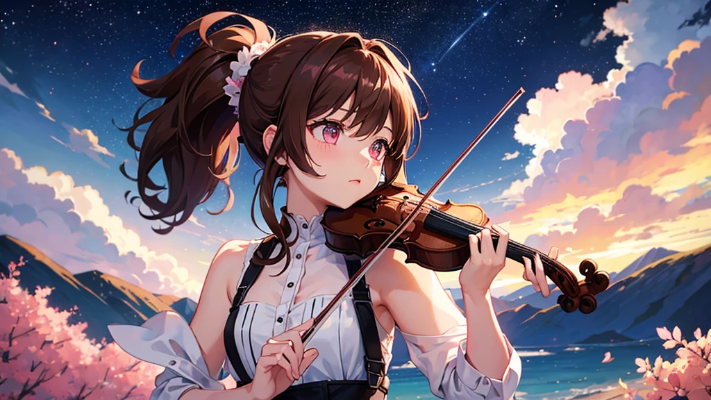 One girl with brown hair and pink eyes, ponytail, playing the violin, starry sky