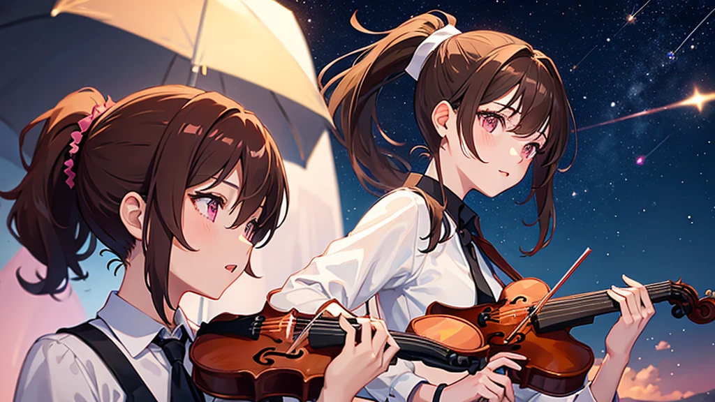 One girl with brown hair and pink eyes, ponytail, playing the violin, starry sky