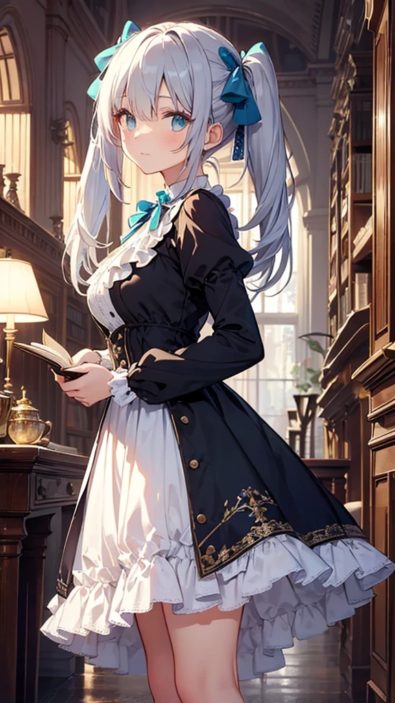 Generate an image of a timid girl with silver hair and cyan eyes, avoiding eye contact with a hesitant expression. Her hair is styled in twin tails with blue ribbons. She is dressed in a Victorian-style dress with lace and frills, standing in an elegantly decorated library filled with antique books and furniture. The camera angle is from the front, focusing on her shy demeanor and the rich details of the background. Ensure the image is a masterpiece with the best quality, very detailed, and very delicate.