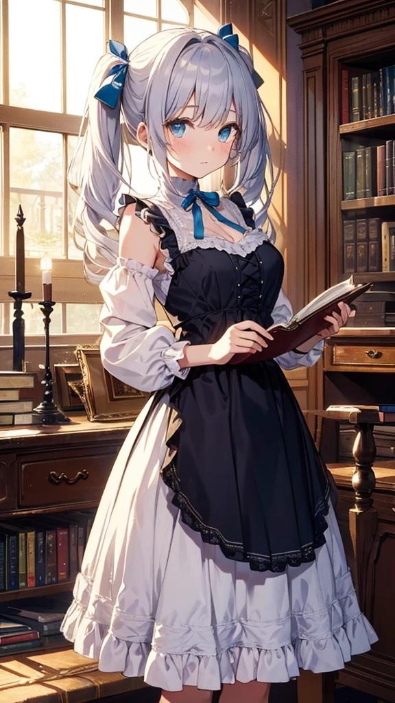 Generate an image of a timid girl with silver hair and cyan eyes, avoiding eye contact with a hesitant expression. Her hair is styled in twin tails with blue ribbons. She is dressed in a Victorian-style dress with lace and frills, standing in an elegantly decorated library filled with antique books and furniture. The camera angle is from the front, focusing on her shy demeanor and the rich details of the background. Ensure the image is a masterpiece with the best quality, very detailed, and very delicate.