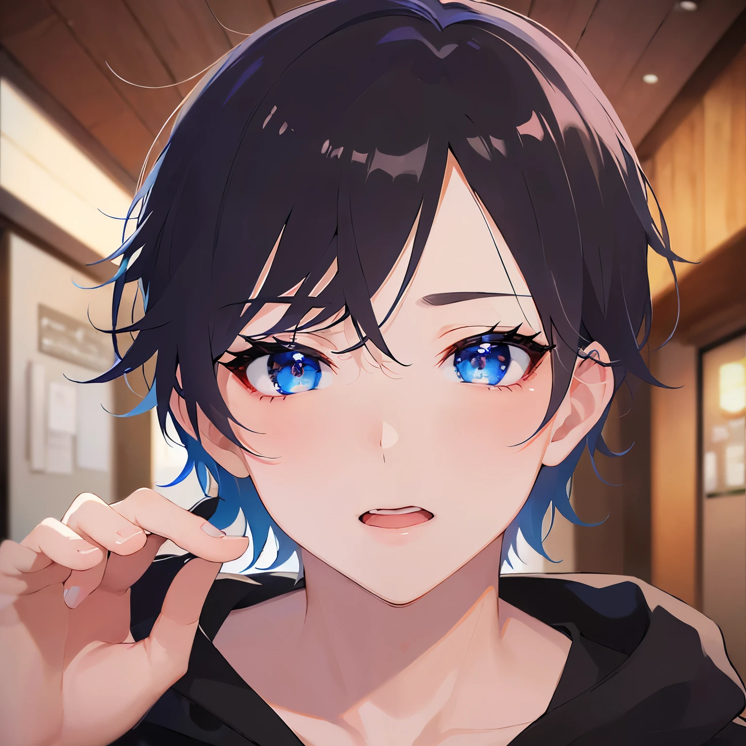 Surprised man、(25-year-old male:1.5) and (Black short hair) and (blue eyes)upper body,(looking at viewer:1.5), shiny skin, masterpiece、Highest quality、 black hoodie, eyes widen、The background is the interior of an izakaya at night.