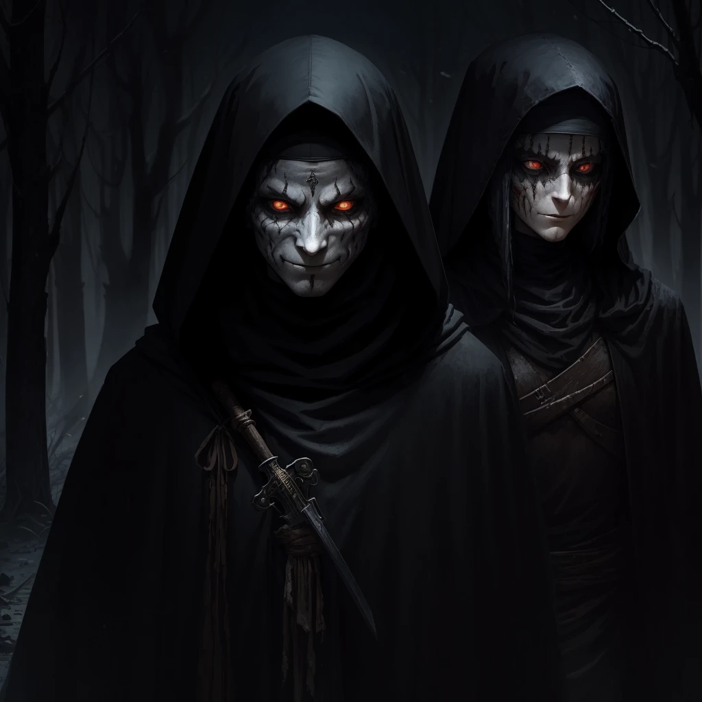 Generates an image with a low perspective at knee height. There are 8 people in sectarian clothing. The first person is a nun with her eyes completely covered by her own veil while she sticks out her tongue.. The second person is a half-zombie woman who is smiling and has her hair tied up.. The third person is a very tall woman who is covered in a completely black blanket.. The fourth person is a sun-headed man who smiles tightly in a mocking tone while holding a sword.. The fifth person is a woman with short hair and very noticeable circles under her eyes who is wearing black armor and looks upset.. The sixth person is a short woman with short white hair who is blind and is holding a book.. The sixth person is a shirtless man with burn scars who wears a fox mask.. The seventh person is a very thin man with long dirty green hair who looks like a zombie and has two short red scythes in his hands and the seventh person is a mysterious woman with a black robe and hood that covers half of her face.. They are very gloomy