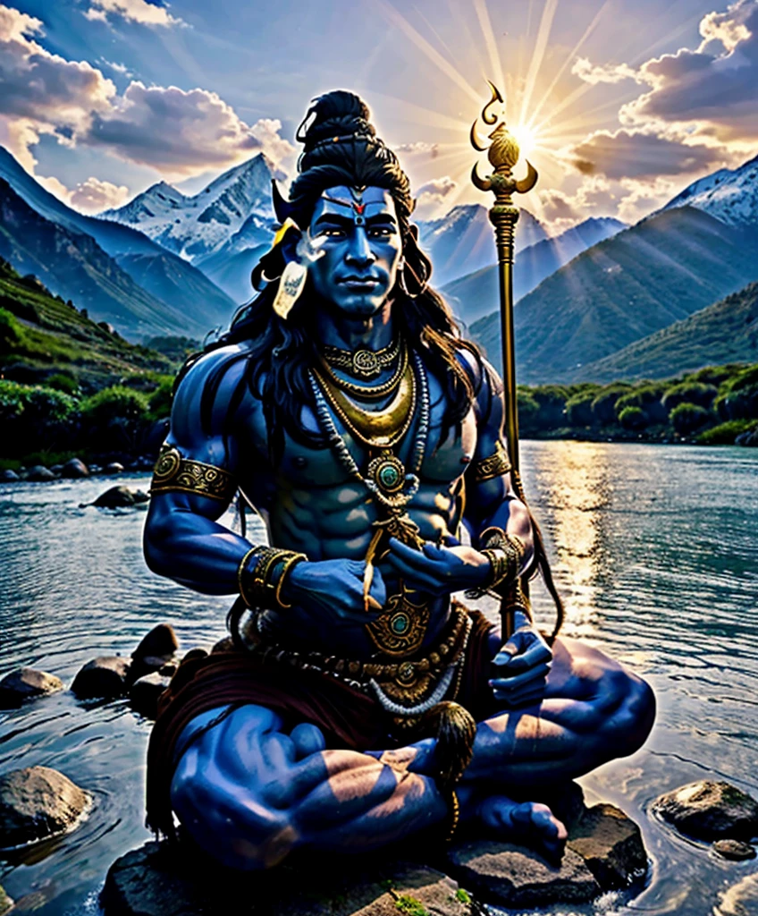 ((best quality)), ((masterpiece)), (detailed), lord shiva sitting at the top giving blessings upon the land, lush grass with flowing river beautiful, Realistic, life like , amazing , sun rise , with mountains and lush forest in the background, shiva is sitting cross legged. With Cresent on the head. Cobra sitting with shiva , add a trident in shivas hand upright on his left hand. On the right hand shivas blessings must be given with sun rays. Shivas palm must be facing forward. Snow topped mountains, lord shiva must have blue skin. Below lord shiva is lord Hanuman, Lord Hanuman is sitting cross legged in a natural position, lord Hanuman has a golden mace in his hand. Lord shiva has a cobra and peacock next to him. Full image , wallpaper. 2 people, blessings, realistic, classic , warmth.