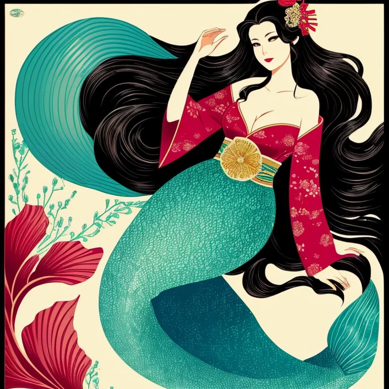 mermaid, mermaid Geisha illustration, 1girl, mermaid tail below waistline, kimono, cleavage, long hair, black hair,