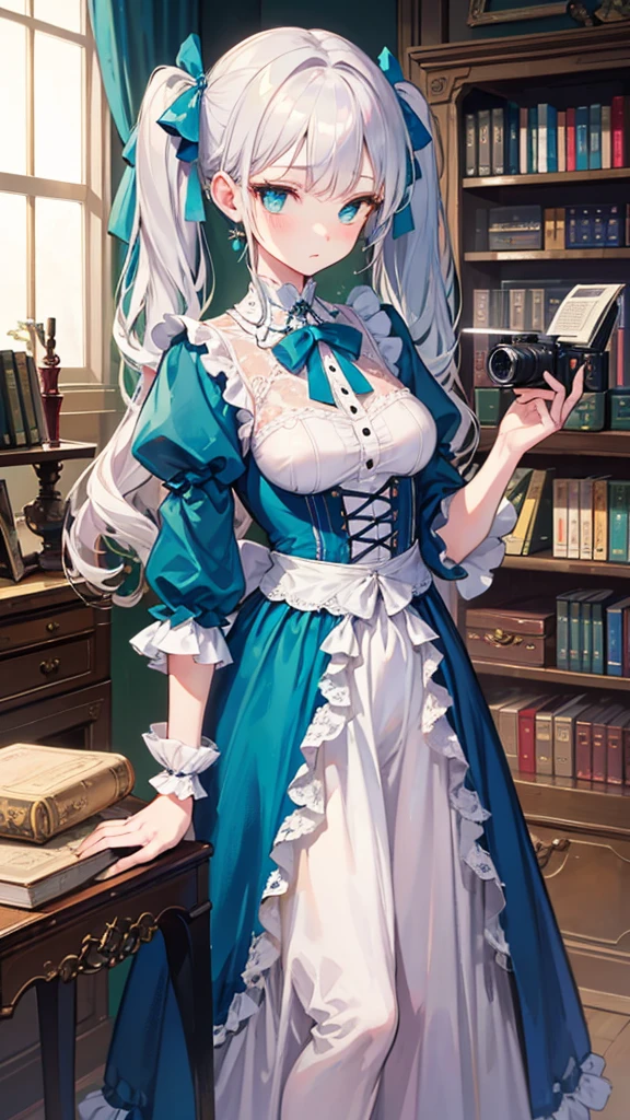 Generate an image of a timid girl with silver hair and cyan eyes, avoiding eye contact with a hesitant expression. Her hair is styled in twin tails with blue ribbons. She is dressed in a Victorian-style dress with lace and frills, standing in an elegantly decorated library filled with antique books and furniture. The camera angle is from the front, focusing on her shy demeanor and the rich details of the background. Ensure the image is a masterpiece with the best quality, very detailed, and very delicate.