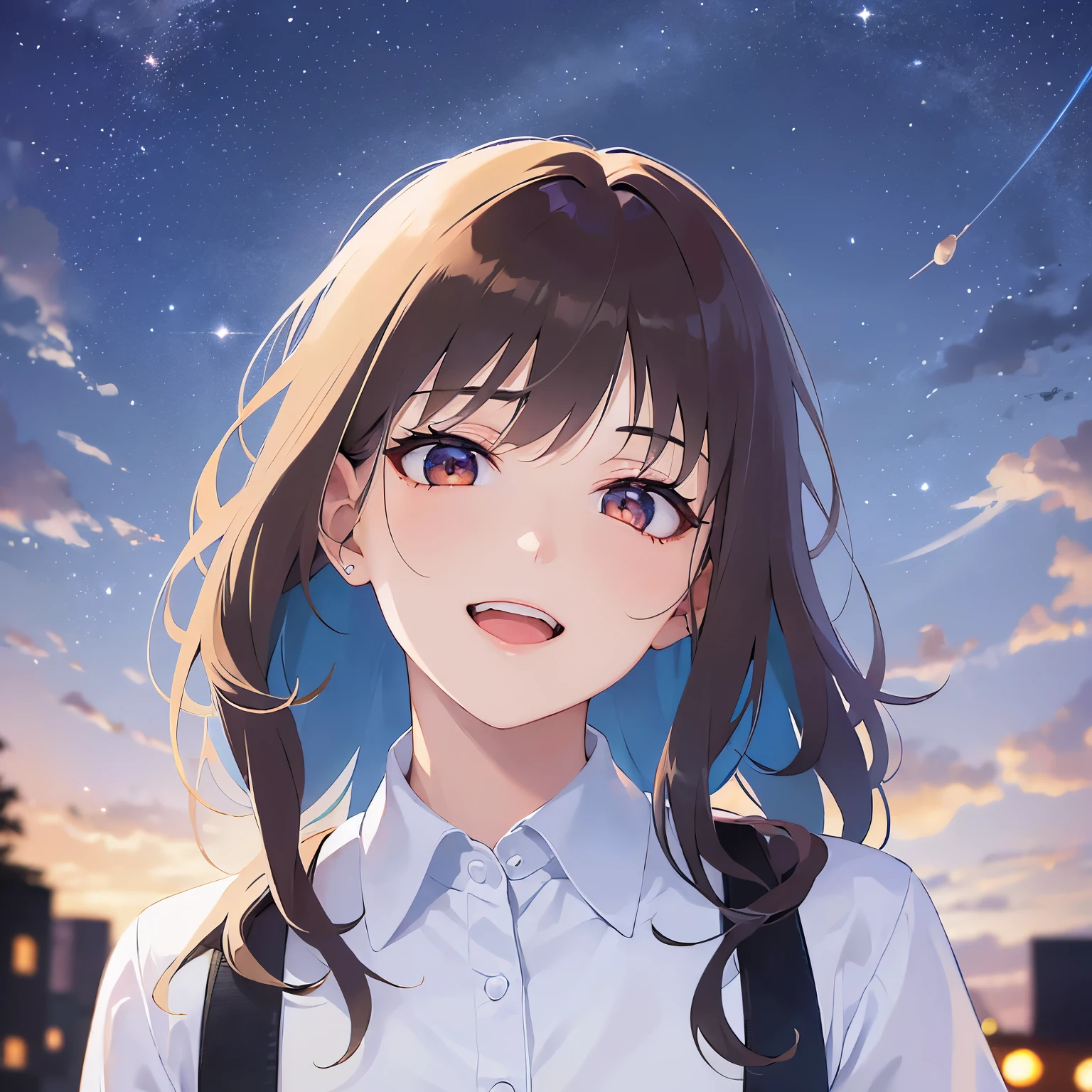 lookin at viewer,upper Body, Looking up、head tilt、
Realistic, real person, (pale skin: 1.2), RAW photo, photorealistic, shiny skin, shiny hair、
(A 25-year-old woman with bob hair and bangs) and (wavy hair) and (brown hair) and (Orange Eyes)、(business suit)and (Wearing a white collared shirt)、
open mouth,happy smile,(Night Sky:1.5)、garden
