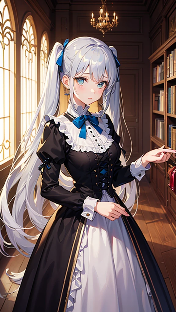 Generate an image of a timid girl with silver hair and cyan eyes, avoiding eye contact with a hesitant expression. Her hair is styled in twin tails with blue ribbons. She is dressed in a Victorian-style dress with lace and frills, standing in an elegantly decorated library filled with antique books and furniture. The camera angle is from the front, focusing on her shy demeanor and the rich details of the background. Ensure the image is a masterpiece with the best quality, very detailed, and very delicate.