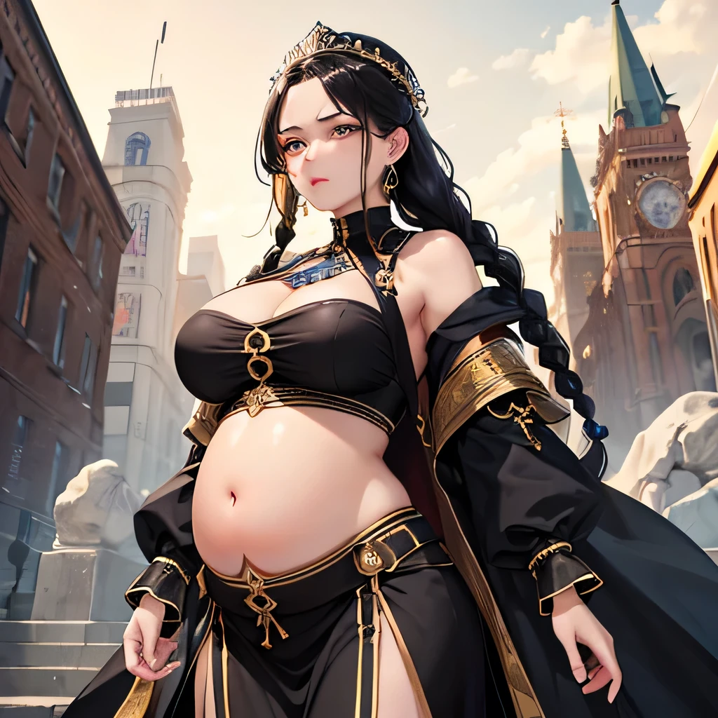 ​masterpiece、top-quality、hight resolution、High-quality images、8K、1womanl、detaileds、Detailed eye depiction、skin gloss、Lustrous black hair、colourfull、Braided hair、Lisa、portlate、Speciality、odd eye、King Lear、Fools, pregnant, big belly bump, large breasts.