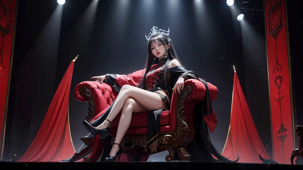 Kpop idol Jennie Kim, seating on a black throne in a red stage ready to perform her solo song