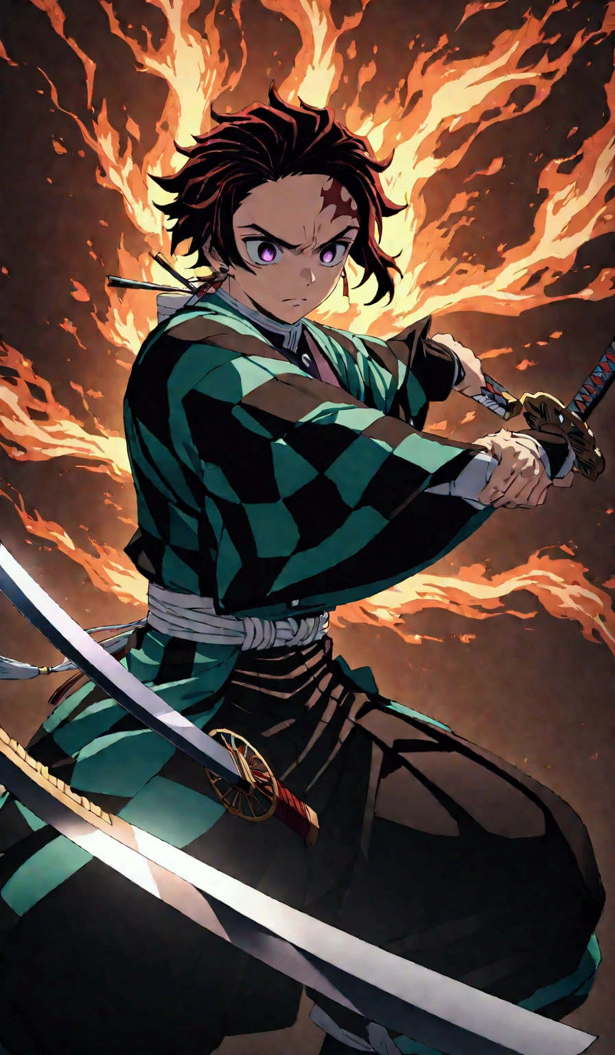 (1 male,Tanjiro Kamado),Demon slayer,Tanjiro Costume,tanjiro has a sword,Water and fire effects,Intricate details,,Decadent,artwork,rendering,Dynamic pose,(masterpiece:1.3),(highest quality:1.4),(Super detailed:1.5),High resolution,Very detailed,unity 8k wallpaper,Dark fantasy,,Glare,Fighting Style,Glare,Desperate form,BREAK,The sword is a Japanese sword,Japanese swords are straight and have a metallic luster..,Please hold the handle of the Japanese sword