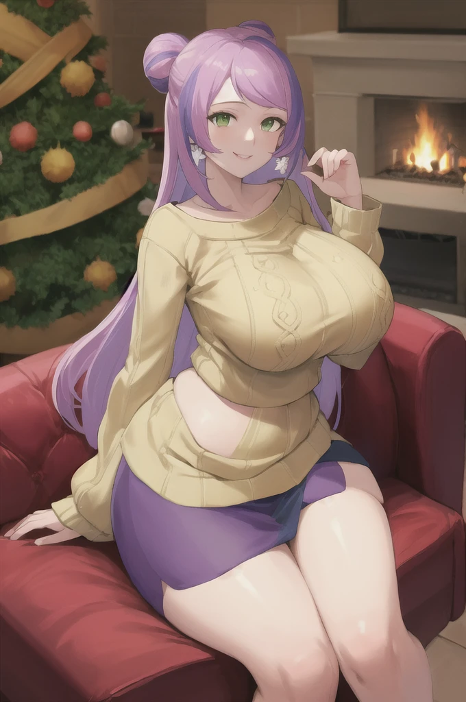 masterpiece, Highest quality,  miriam, Green Eyes, Multicolored Hair, Earrings, Huge breasts, Yellow Sweater, Purple Skirt, Sitting, sofa, smile, fireplace, Christmas tree, Wide Hips, wreath