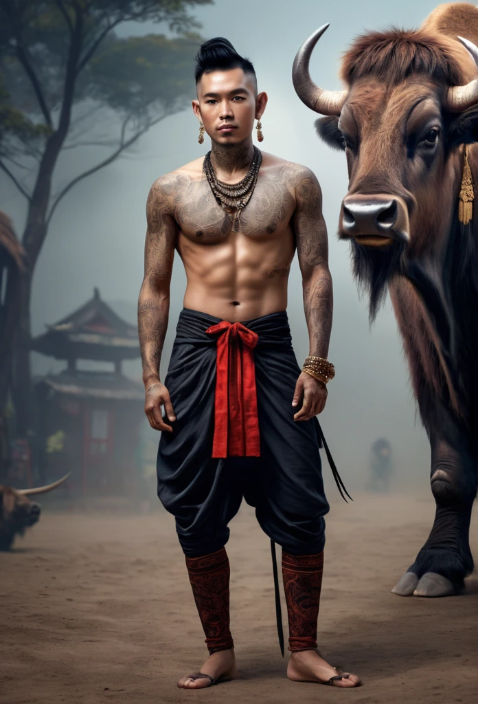 Realistic image of a Thai man with tattoos on his body and legs. Standing looking straight out with a beautiful long-tailed bison at his side. Wear traditional Thai clothing Image clarity is very high. Background with 12 zodiac signs, smoke and stars. High face resolution HD resolution 80k uhd