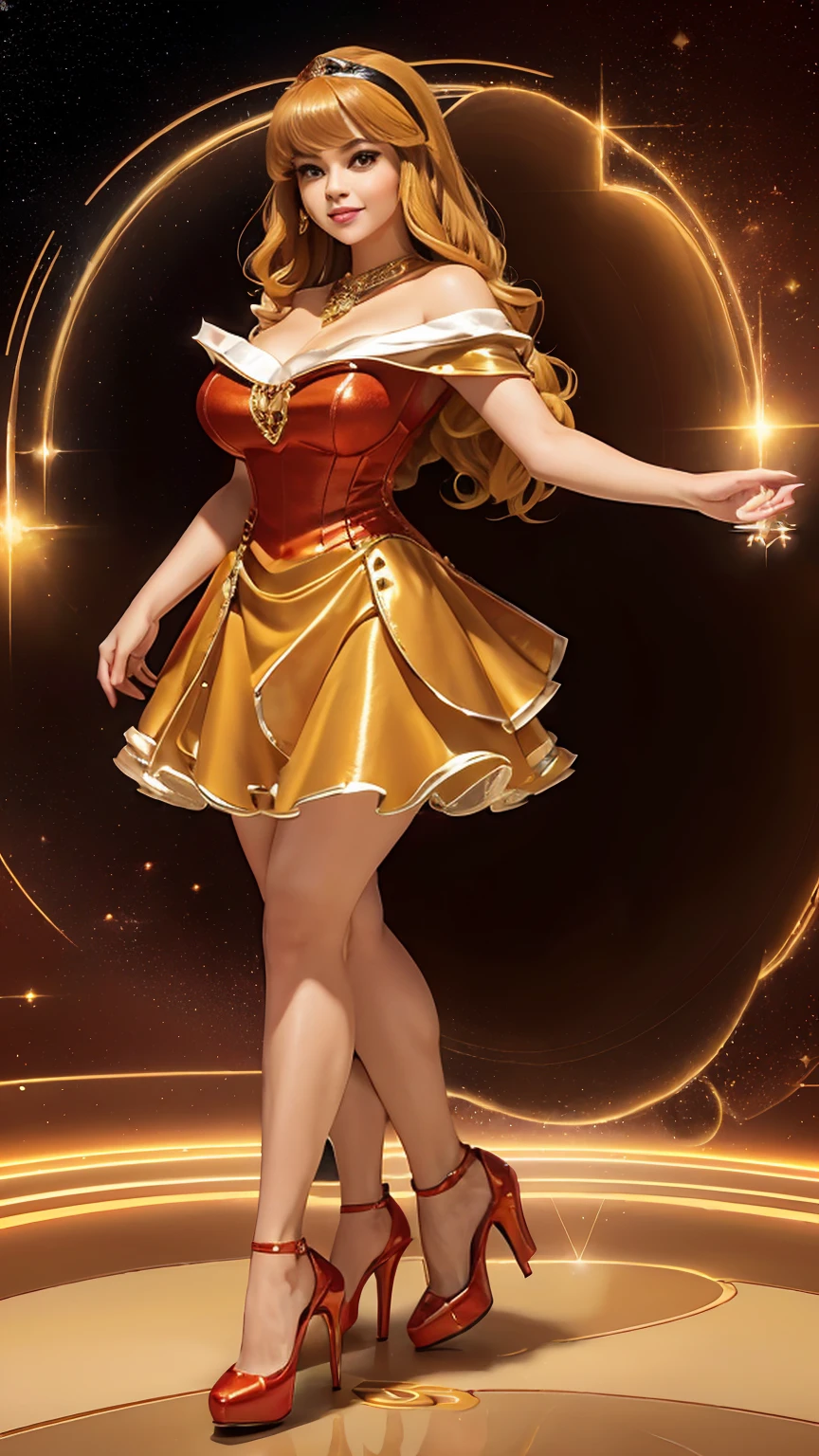 ((Full body photo, standing, feet on the ground))DisneyAurora 27 years old, ((( Selena Gomez:Emma Stone:0.7))) Beautiful woman (((shoulder length wavy caramel blonde hair))) (bangs:1.2) ((sparkling bejeweled short sleeve long red dress with matching high heels)) defined body, Red lipstick, smiling, hands free, standing, on a space station overlooking Earth, (huge_breasts:1.4) (curvy:1.2)(chubby:1.2)