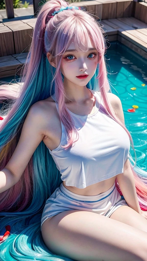 (Pink fashion T-shirt:1.9),(Colorful hair:1.8),(Rainbow all colors:1.8),((((Vertical painting:1.6))),(painting of a:1.6),frontage,comic strip,illustration,painting of a,largeeyes,crystal-clear,(rainbow color gradient high ponytail:1.7),Delicatemakeup,long eyelasher,looking at viewert,watery big eyes,huge boob,Open chest,The kinky is exposed,exposing your navel,legs separated,Pubic hair shows through,(rainbow colour hair:1.6), colored splashing, (Solo:1.8), colored splashing, Color explosion, Color splattering, Color explosion, Thick lacquer style,Messy lines,((Shining)) ,(Colorful), (Colorful), (Colorful), Colorful, Thick Paint Style, (Splash) (colored splashing), Vertical painting, paint splatter, Acrylic Pigment, Gradient, Paint, Highest image quality, Highest image quality, Masterpiece, Solo, Depth of field, facepaint, Colorful clothes, (ellegance: 1.2), opulent, long whitr hair, ventania, (ellegance: 1.3), (petals: 1.4),(((Masterpiece))),(((Best quality at best))),((ultra - detailed)),(illustratio),(dynamic angle),((floatking)),(Paintwork),((Loose hair)),(Solo),(1girll) , (( (Detailed anima face))),((Beautiful detailed face)),exposed bare shoulders,whaite hair,((The color hair)),((Striped hair)),Beautiful detailed eyes,(Gradient color eyes),(( (Colored eyes))),(((coloured background))),(((high saturated))),(((Surrounded by colorful splashes))),