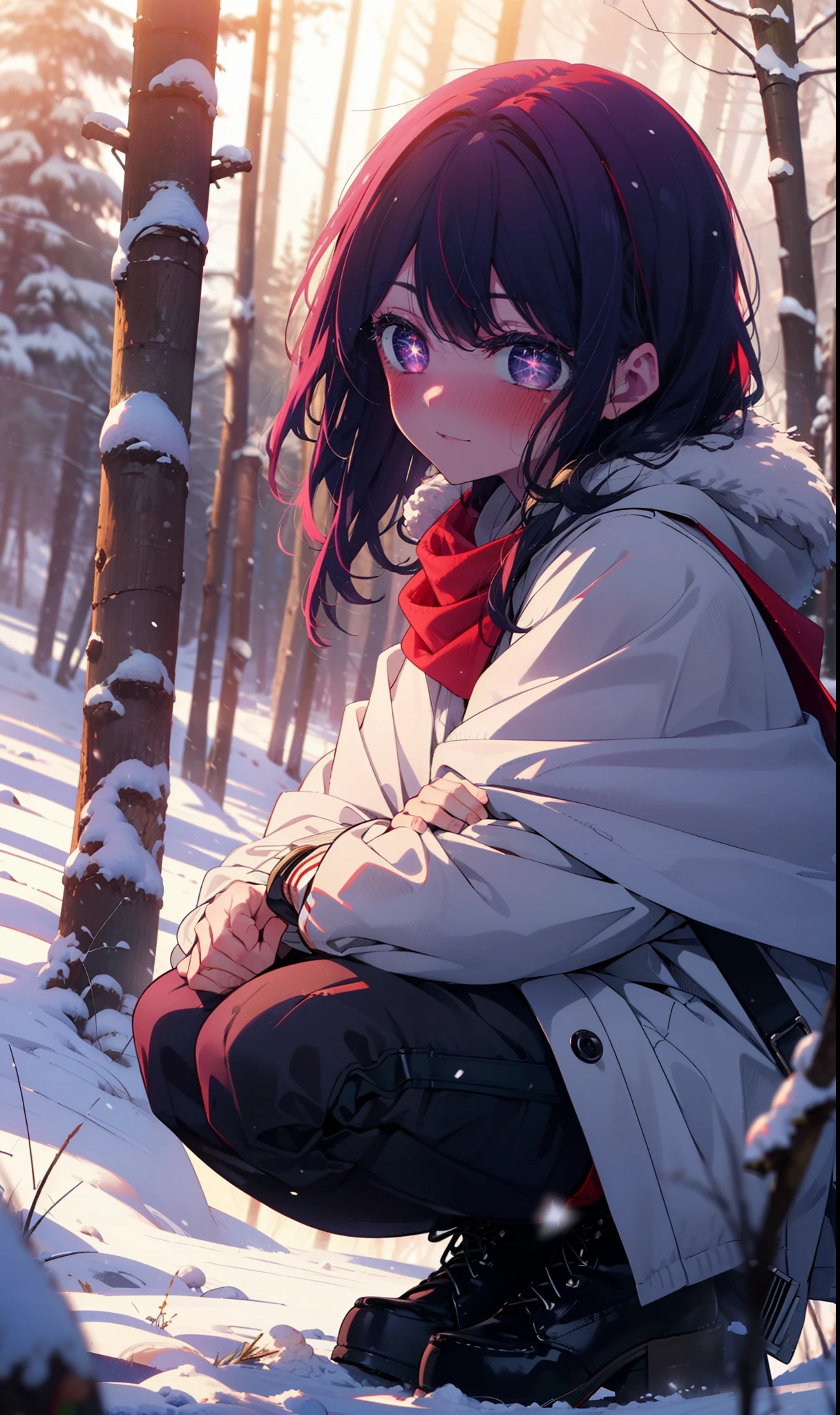 aihoshino, Ai Hoshino, Long Hair, bangs, (Purple eyes:1.1), Purple Hair, (Symbol-shaped pupil:1.5), smile,,smile,blush,white breath,
Open your mouth,snow,Ground bonfire, Outdoor, boots, snowing, From the side, wood, suitcase, Cape, Blurred, , forest, White handbag, nature, Squat, Mouth closed, Cape, winter, Written boundary depth, Black shoes, red Cape break looking at viewer, Upper Body, whole body, break Outdoor, forest, nature, break (masterpiece:1.2), Highest quality, High resolution, unity 8k wallpaper, (shape:0.8), (Beautiful and beautiful eyes:1.6), Highly detailed face, Perfect lighting, Extremely detailed CG, (Perfect hands, Perfect Anatomy),