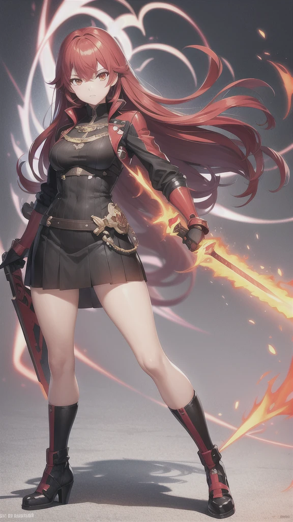 red hair, cool black jacket, white inner dress, deep orange eyes, mature and older look, animemanga girl, detailed key animation art, fully covered, red and black greatsword