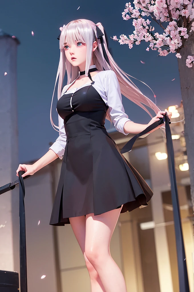 One girl,masterpiece,Highest quality,Blonde,stockings,Checked skirt),Short skirt JK,,Are standing,In total length,Medium chest,Very detailed,[[Realistic]],Beautiful and attractive anime teen,Enchanting anime girl,Swinging skirt,blue eyes, hair ornaments, Hair Ribbon,Show your forehead、Twin tails、Random color school girl uniform、Lace choker, short hair,,No bra,,Very detailed肌, Very detailed顔, (Beautiful Fine Eyes, the girl, Red cheeks) ,The girl has a toned figure., Intricate details,Closely、Embarrassed expression、blush、Shining Sweat、Perfect Skin,Sweat is noticeable in the cleavage、、Sweating on thighs is noticeable、 Fair skin,Tight waist, Sweating profusely、Sweaty hair、Sweaty clothes、Sweaty、Visible sweat、Sweat-soaked hair、Athlete System、Cherry blossoms fluttering down、Silver Hair、Night cityscape。Reflection of light、moonlight
