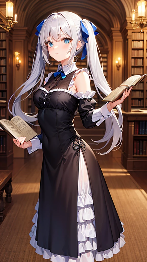 Generate an image of a timid girl with silver hair and cyan eyes, avoiding eye contact with a hesitant expression. Her hair is styled in twin tails with blue ribbons. She is dressed in a Victorian-style dress with lace and frills, standing in an elegantly decorated library filled with antique books and furniture. The camera angle is from the front, focusing on her shy demeanor and the rich details of the background. Ensure the image is a masterpiece with the best quality, very detailed, and very delicate.
