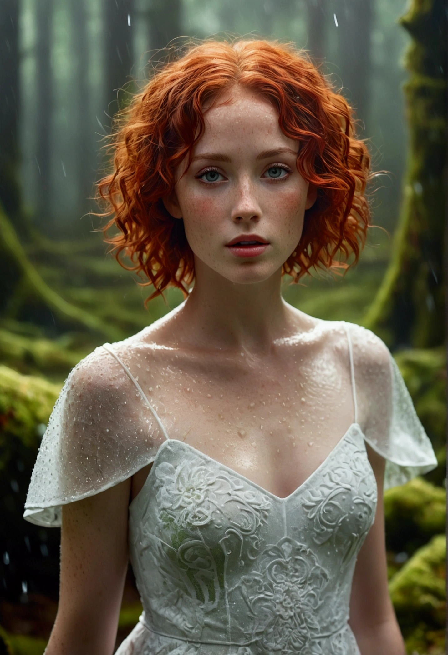 cute woman under drizzling rain, (elegant, beautiful face), transparent white dress, forest moss, (freckles:0.8), flowers feld, , curly red hair, magical atmosphere, (short hair), ((detailed skin, skin texture)), ultradetailed, (intricately detailed, fine details, hyperdetailed), raytracing, subsurface scattering, (fantasy underworld on background), diffused soft lighting, shallow depth of field, by (Oliver Wetter), sharp focus bokeh, (realistic photo quality:1.4)