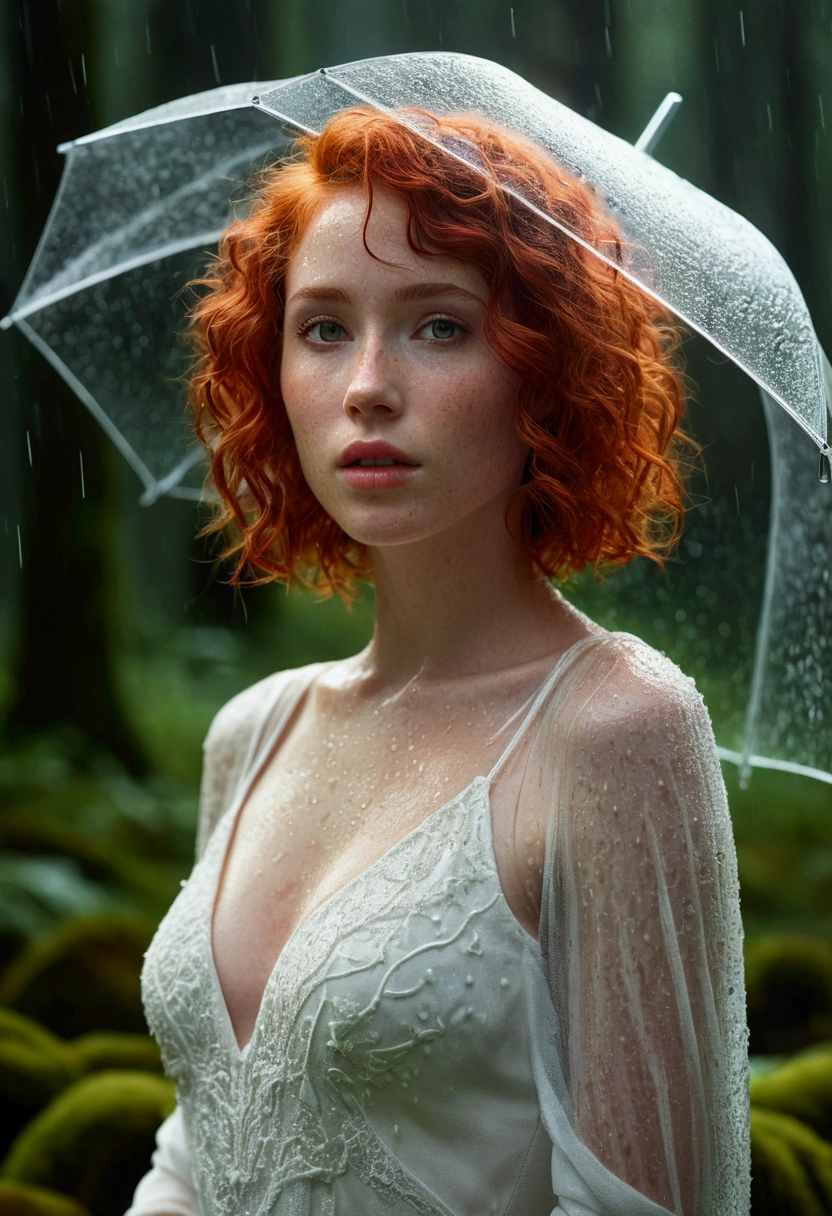 cute woman under drizzling rain, (elegant, beautiful face), transparent white dress, forest moss, (freckles:0.8), flowers feld, , curly red hair, magical atmosphere, (short hair), ((detailed skin, skin texture)), ultradetailed, (intricately detailed, fine details, hyperdetailed), raytracing, subsurface scattering, (fantasy underworld on background), diffused soft lighting, shallow depth of field, by (Oliver Wetter), sharp focus bokeh, (realistic photo quality:1.4)