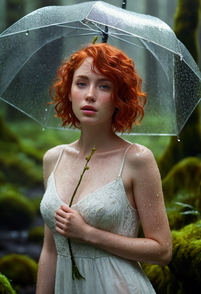 cute woman under drizzling rain, (elegant, beautiful face), transparent white dress, forest moss, (freckles:0.8), flowers feld, , curly red hair, magical atmosphere, (short hair), ((detailed skin, skin texture)), ultradetailed, (intricately detailed, fine details, hyperdetailed), raytracing, subsurface scattering, (fantasy underworld on background), diffused soft lighting, shallow depth of field, by (Oliver Wetter), sharp focus bokeh, (realistic photo quality:1.4)