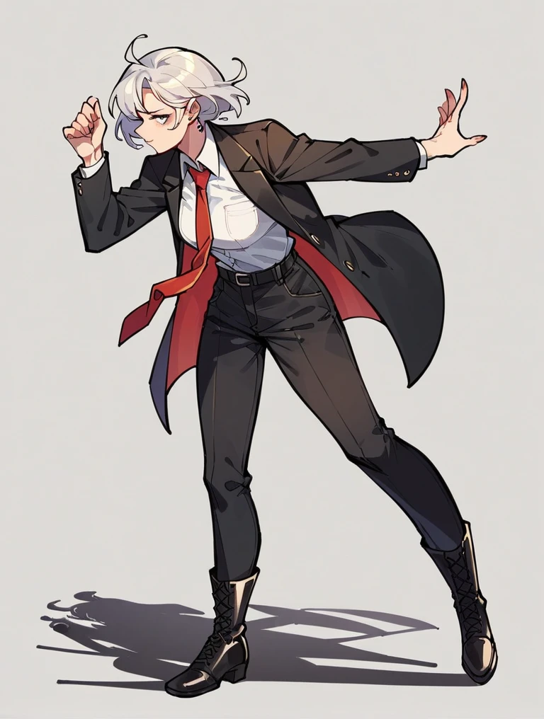 A woman wearing a black suit, tie, black long pants, black socks, and leather boots, raising her right foot up. 