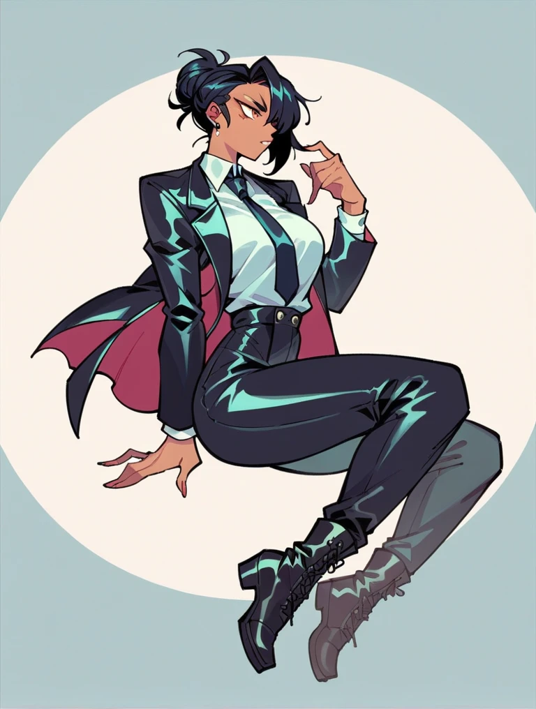A woman wearing a black suit, tie, black long pants, black socks, and leather boots, raising her right foot up.
