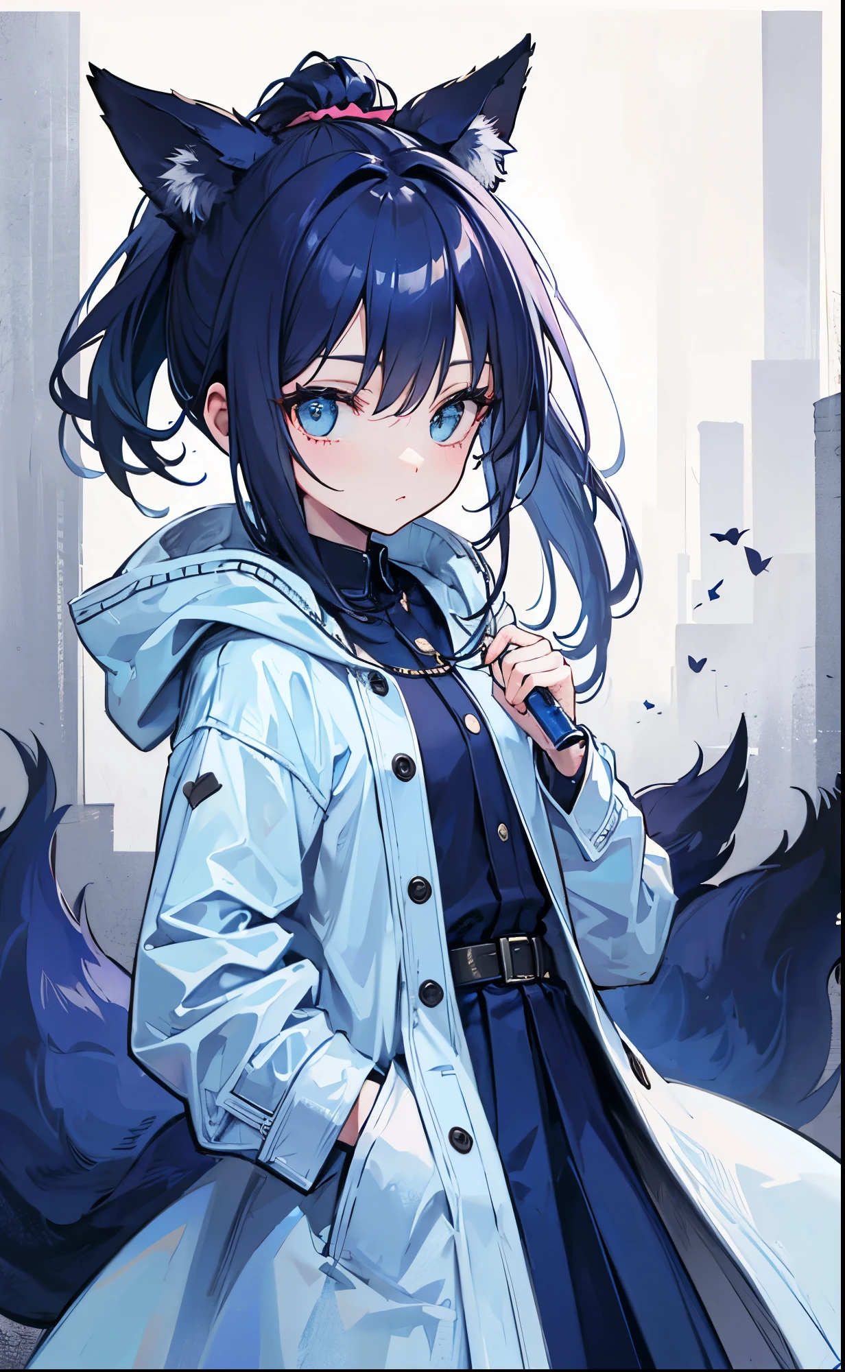 Dark blue fox-like high ponytail，Simple light blue cotton coat，Petite cute sweet lady girl