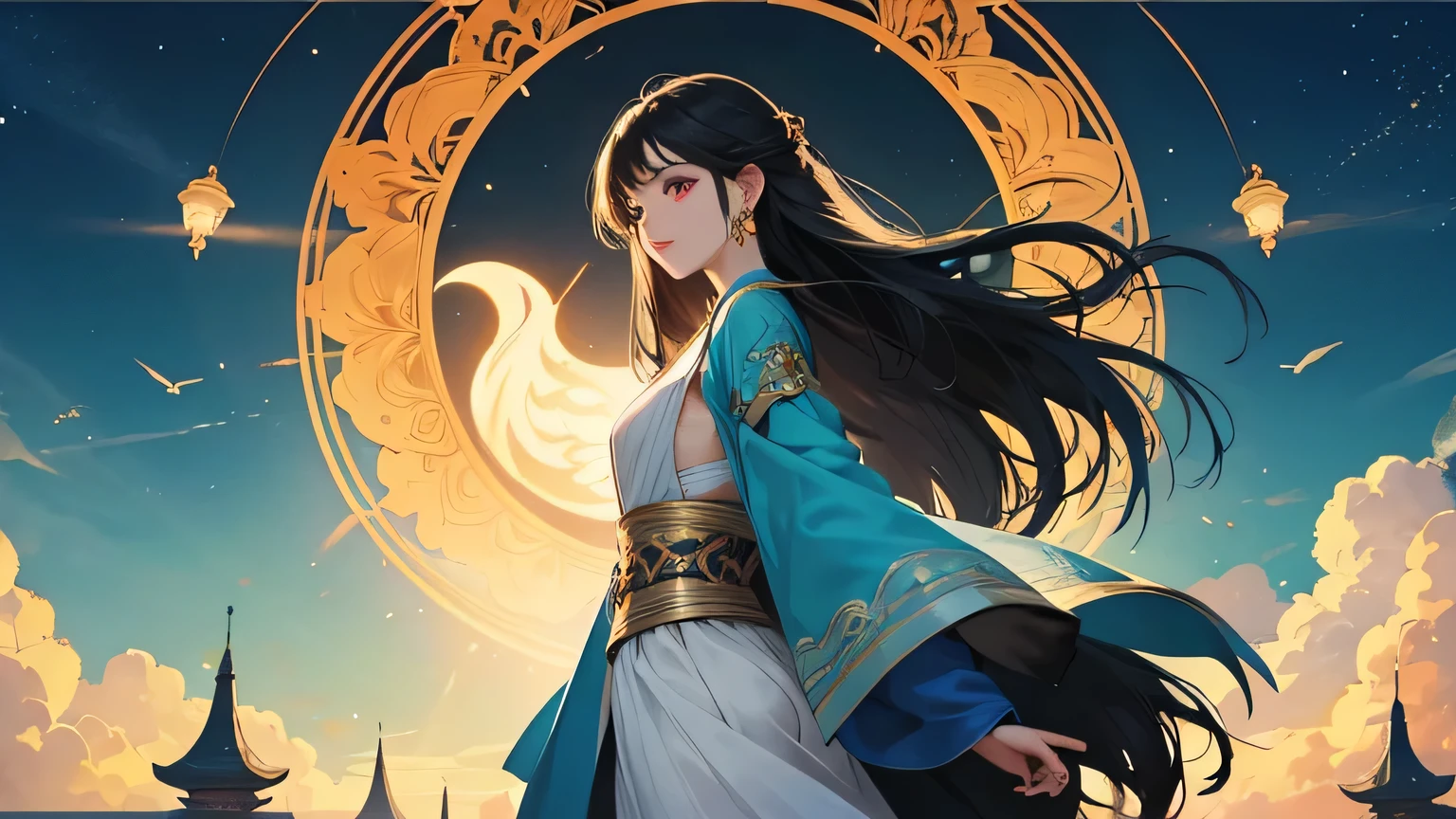 A celestial maiden with long black hair dancing in Shangri-La