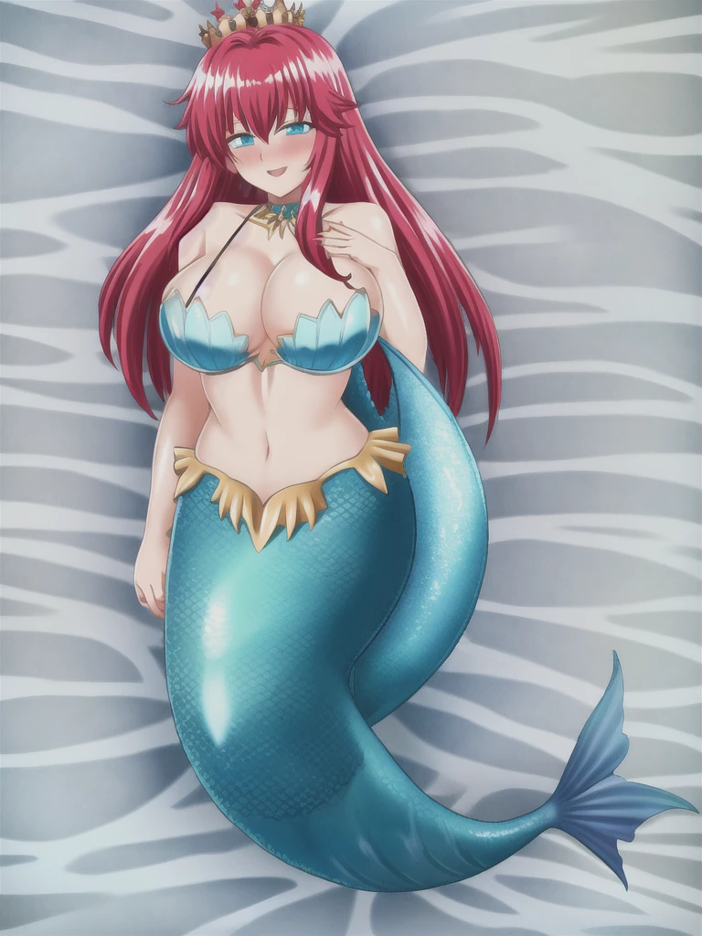 Mermaid, mermaid tail below waistline, underwaters, pearl crown, red hair, long hair, blue eyes, bra, large breasts, cleavage, happy, blush, full body,