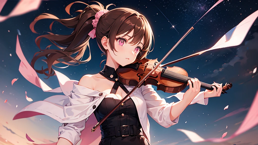One girl with brown hair and pink eyes, ponytail, playing the violin, starry sky