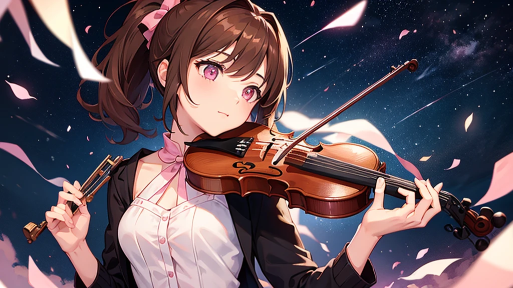 One girl with brown hair and pink eyes, ponytail, playing the violin, starry sky
