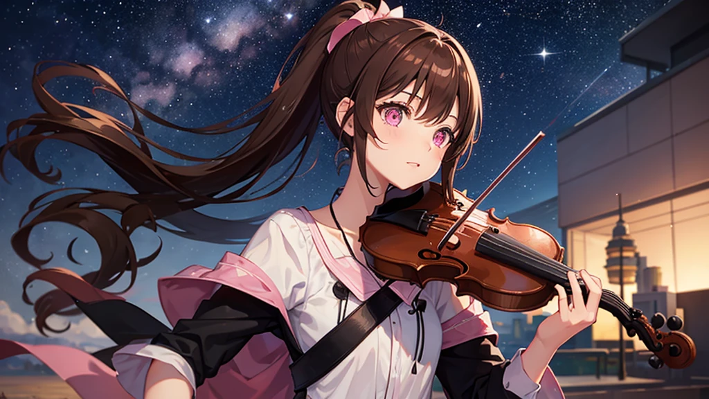 One girl with brown hair and pink eyes, ponytail, playing the violin, starry sky