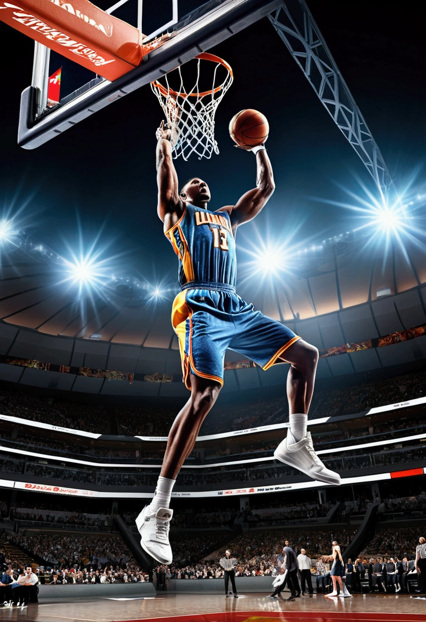 (Game-Winning Dunk), The athlete in the air is preparing to complete a high flying dunk, with the basket in front of him. The background is inside the sports arena, and the light shines down from the roof, illuminating the entire scene, full body, award-winning, cinematic still, emotional, vignette, dynamic, vivid, (masterpiece, best quality, Professional, perfect composition, very aesthetic, absurdres, ultra-detailed, intricate details:1.3)