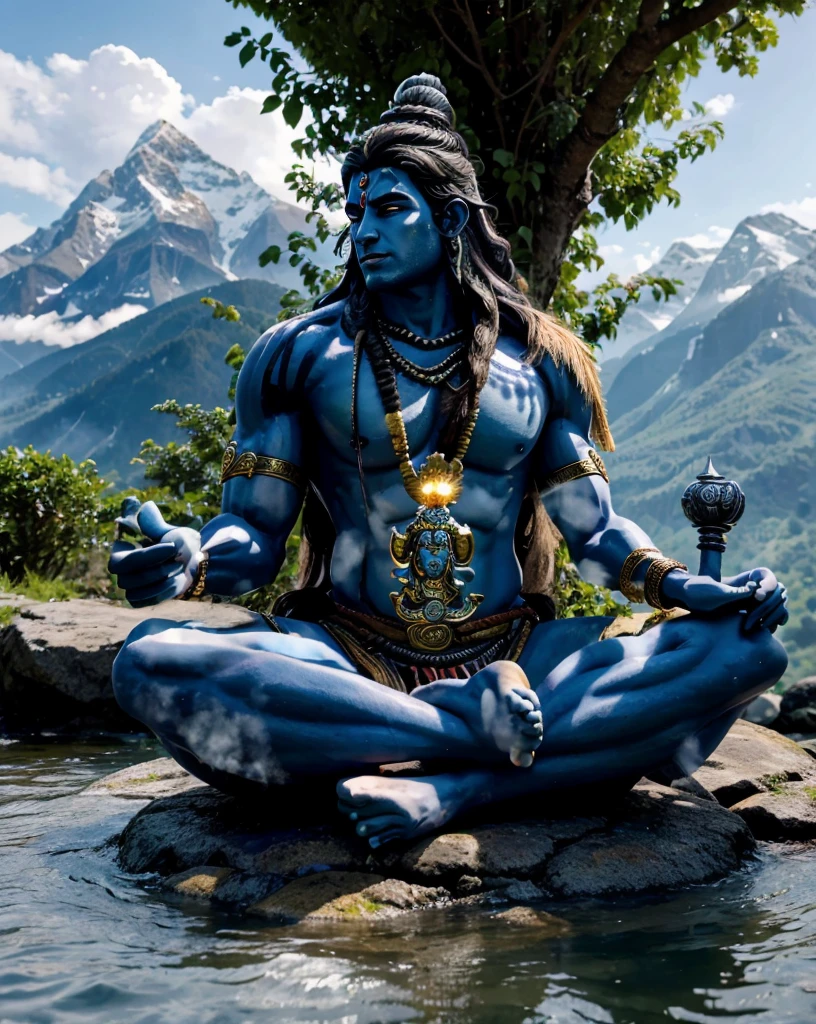 ((best quality)), ((masterpiece)), (detailed), lord shiva sitting at the top giving blessings upon the land, lush grass with flowing river beautiful, Realistic, life like , amazing , sun rise , with mountains and lush forest in the background, shiva is sitting cross legged. With Cresent on the head. Cobra sitting with shiva , add a trident in shivas hand upright on his left hand. On the right hand shivas blessings must be given with sun rays. Shivas palm must be facing forward. Snow topped mountains, lord shiva must have blue skin. Below lord shiva is lord Hanuman, Lord Hanuman is sitting cross legged in a natural position, lord Hanuman has a golden mace in his hand. Lord shiva has a cobra and peacock next to him. Full image , wallpaper. 2 people, blessings, realistic, classic , warmth.