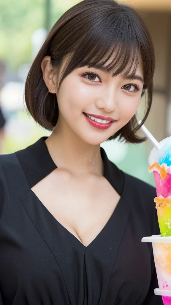 masutepiece, Best Quality, Illustration, Ultra-detailed, finely detail, hight resolution, 8K Wallpaper, Perfect dynamic composition, Beautiful detailed eyes,droppy big eyes, Sailor suit、bow,uniform,short Hair with bangs, mid-chest, Natural color lip, Random and sexy poses,toothy Smile,(colorful shaved ice:1.45),(medium breasts,cleavage,slender waist,half body shot,cafe)