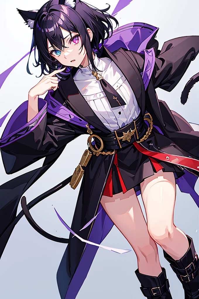 Black Hair少年,Around fifteen years old,Black Hair,Cat ear,Cat tail,Purple cloak,Heterochromia,Red left eye,Blue right eye,White shirt,Purple cloak,Standing,whole body,For the audience,White background,masterpiece,HD,4K,Detailed facial depiction,Black trousers,Black boots,Black Hair,White background(1:5)