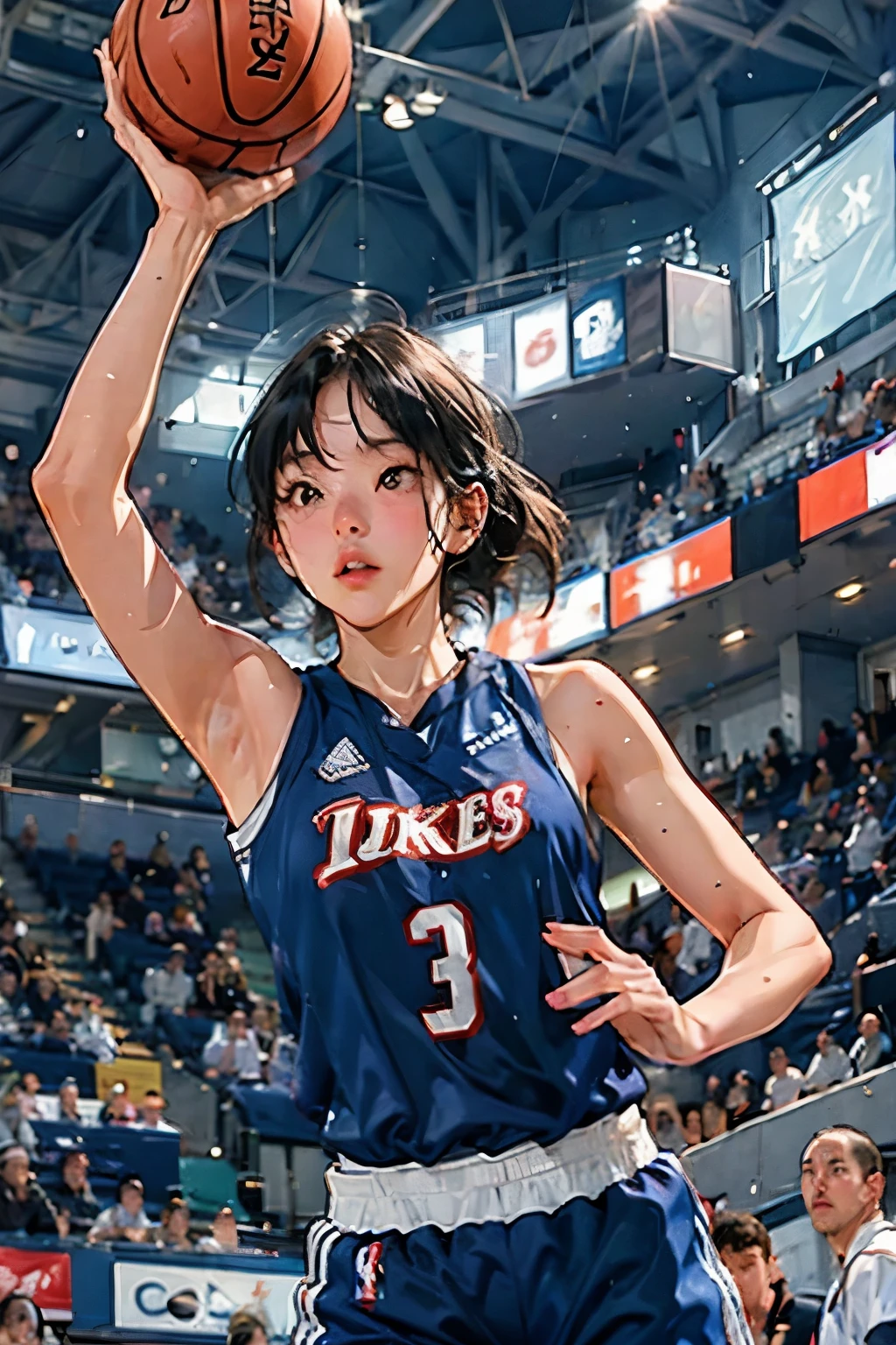 ((Female Basketball Player)), Young and beautiful girl、美しい顔のdetailedな描写、alone, dunk shot, Jumping Chute、close、Motion Blur、Dynamic Angle、stadium lighting、Blur the background、8Kdetailed, (detailed、masterpiece、Highest quality)、