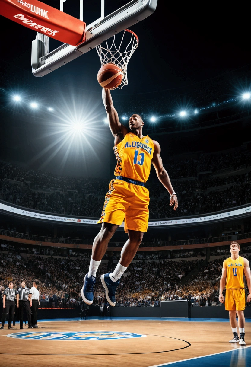 (Game-Winning Dunk), The basketball player unfolded in the air, gripping the ball tightly with both hands, ready to shoot it into the basket with astonishing force. The opposing player looked up in despair, with the background being inside the gymnasium, where light was shining through the roof, full body, award-winning, cinematic still, emotional, vignette, dynamic, vivid, (masterpiece, best quality, Professional, perfect composition, very aesthetic, absurdres, ultra-detailed, intricate details:1.3)