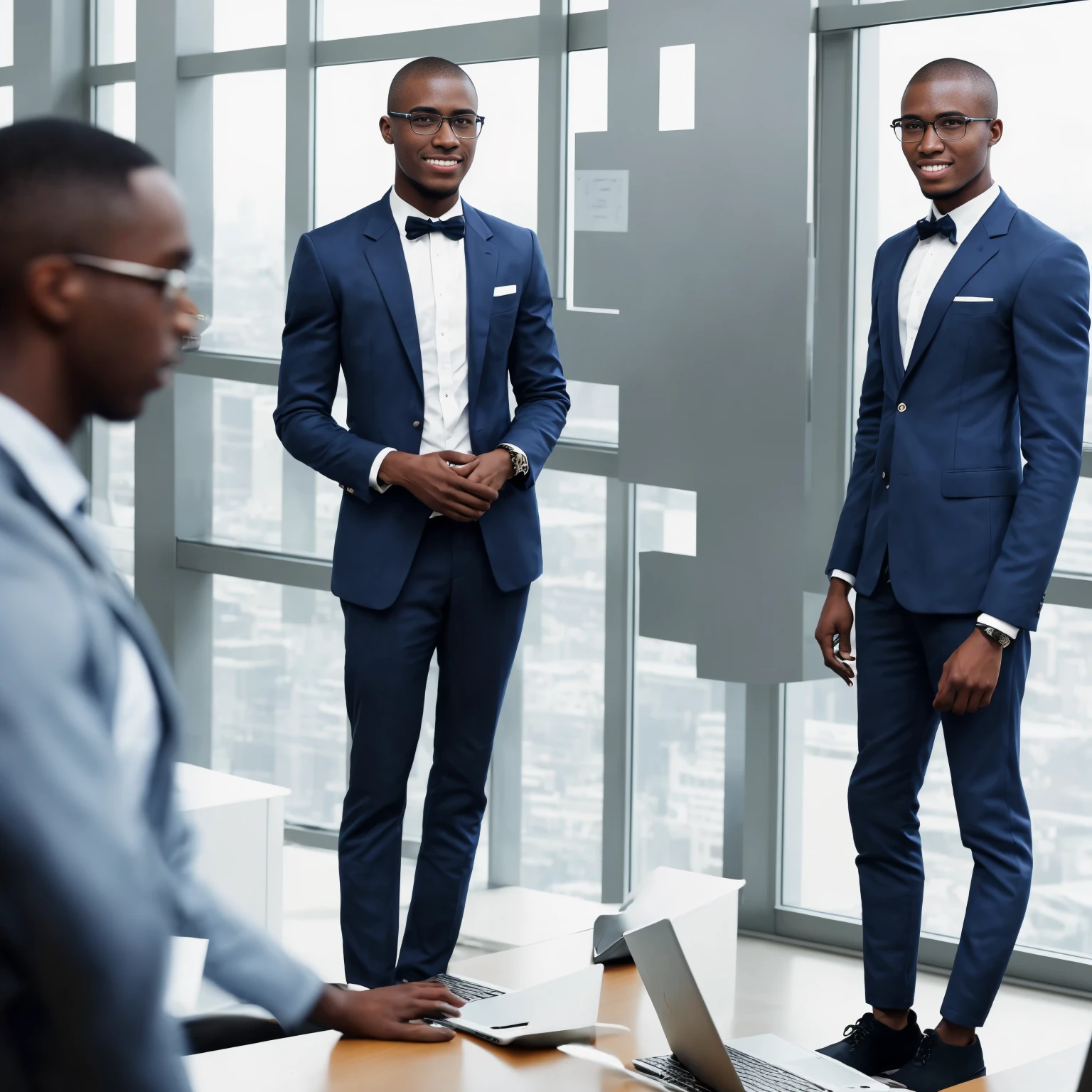 Black man around 22 years old, good looking and smiling, buzz cut hairstyle, python programmer, inside an office, blue blazer, looking through glass windows, futuristic city, strategist look, laptop, apple laptop, cinematic, ultra realistic, highly detailed (masterpiece)
