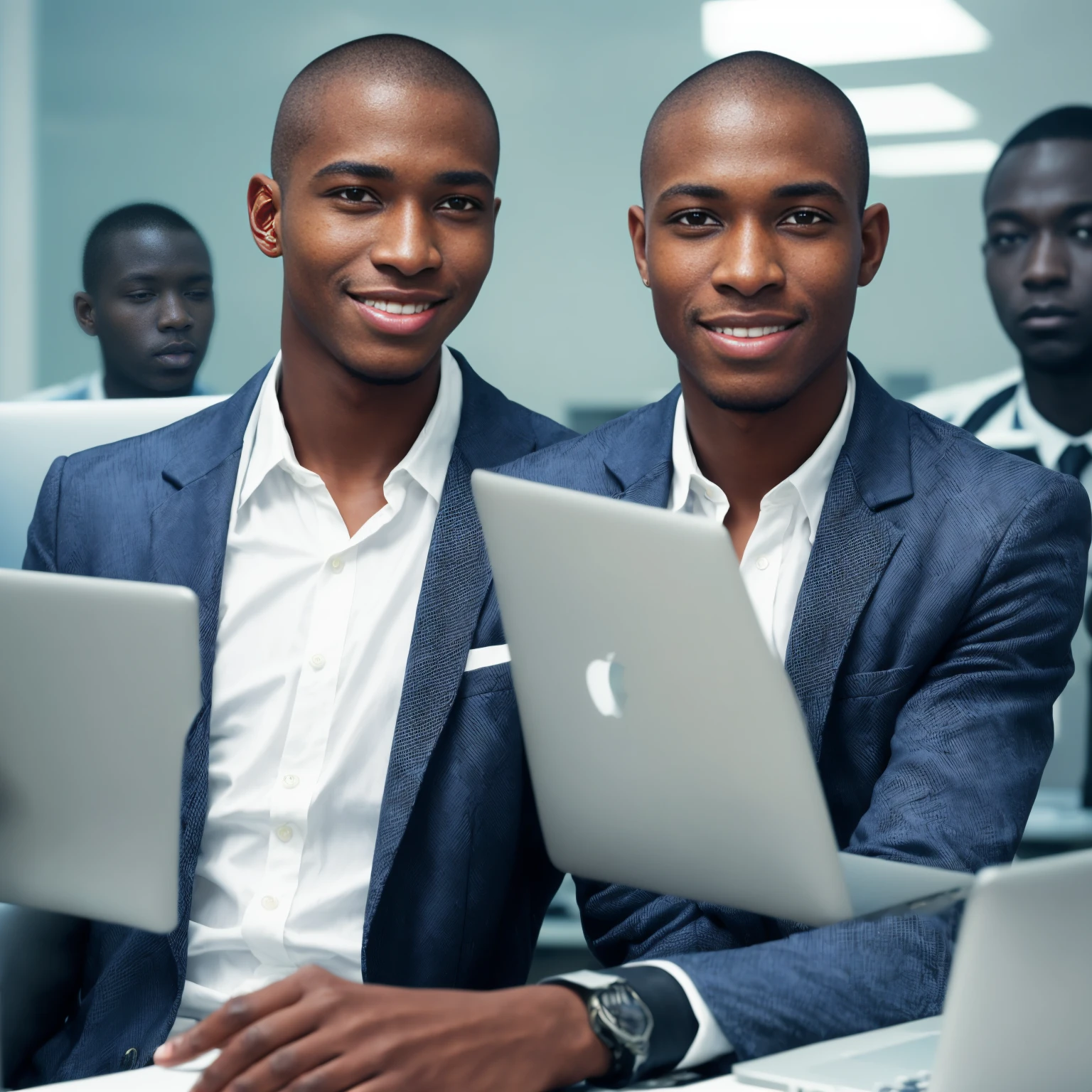 Black man around 22 years old, good looking and smiling, buzz cut hairstyle, python programmer, inside an office, blue blazer, looking through glass windows, futuristic city, strategist look, laptop, apple laptop, cinematic, ultra realistic, highly detailed (masterpiece)